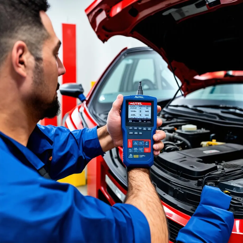 Autel Diagnostic Tool being used by a mechanic to diagnose a car's electronic system.