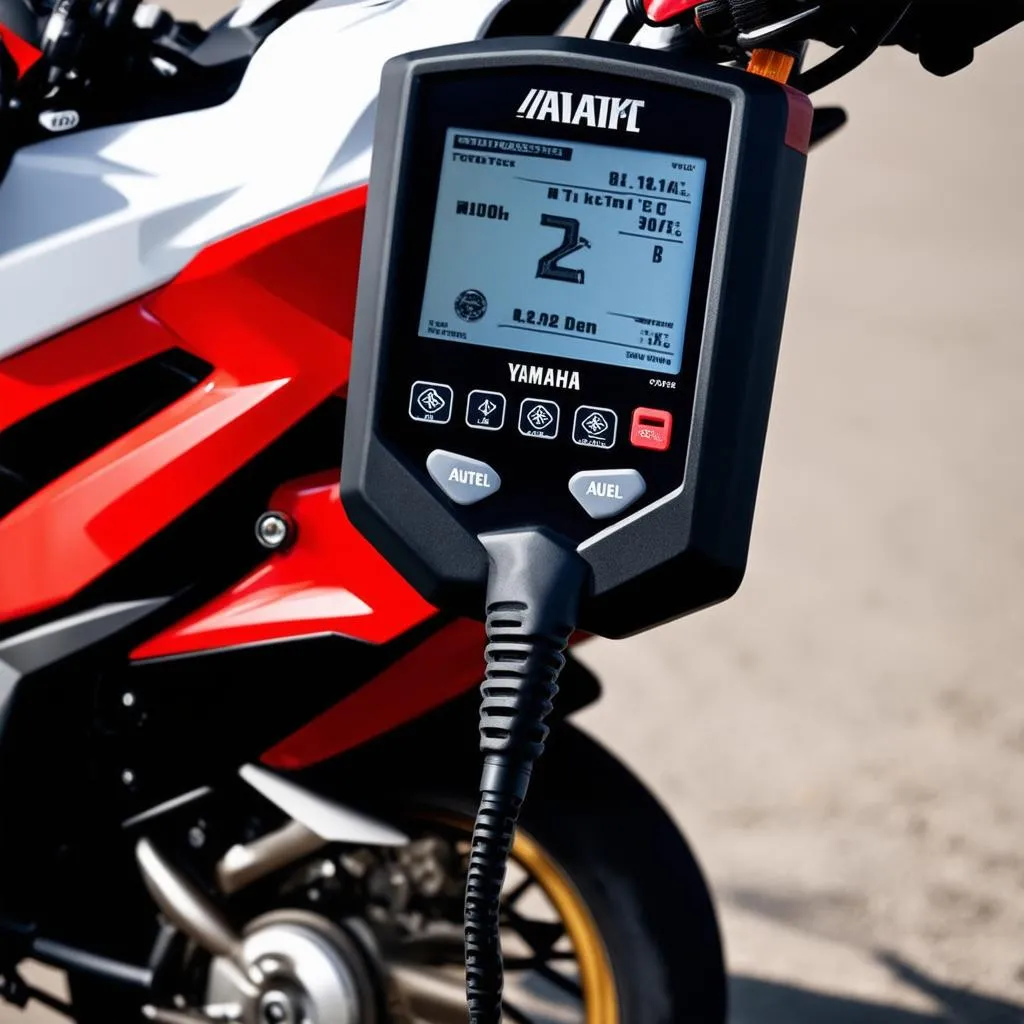 Autel diagnostic tool plugged into a Yamaha motorcycle