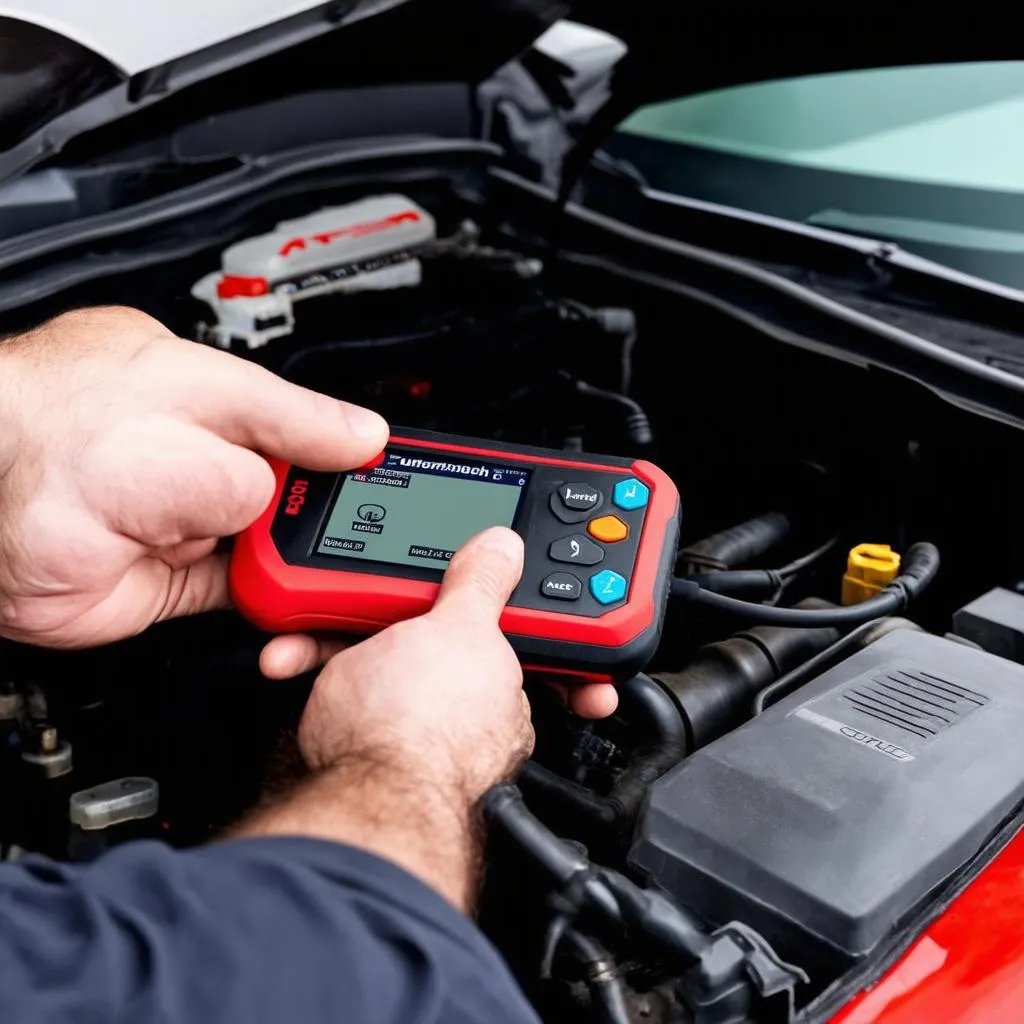 Mechanic using Autel diagnostic tool on a car