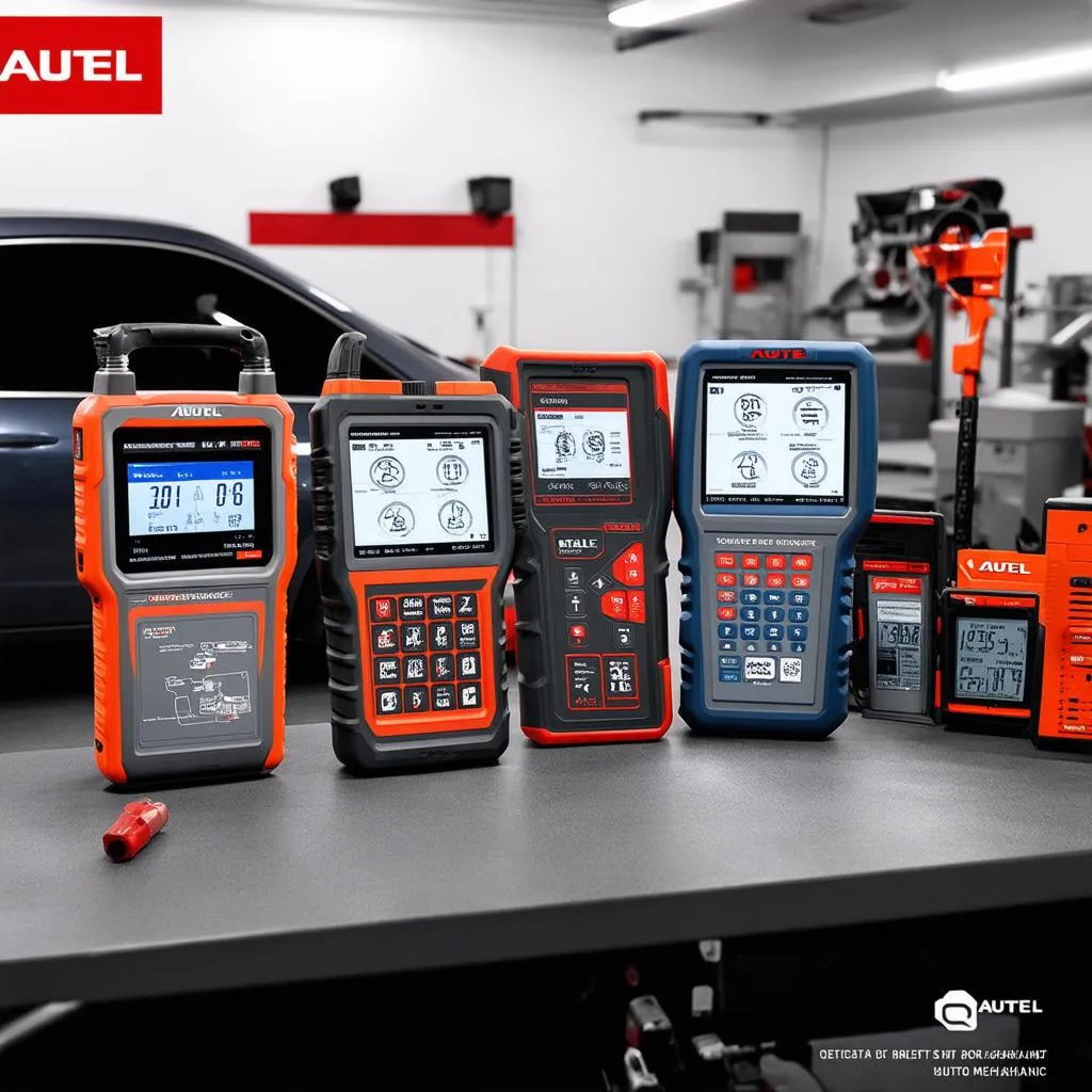 Various Autel diagnostic tools displayed on a workbench