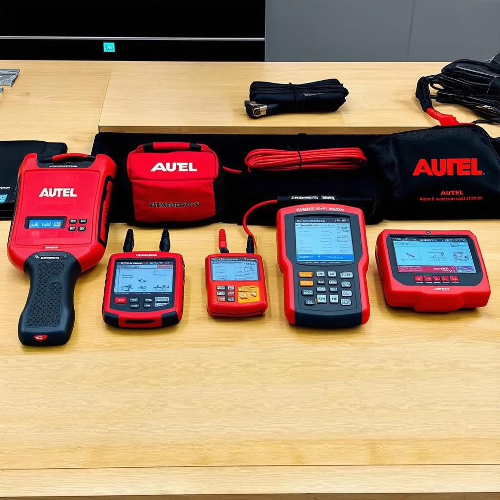 Various Autel diagnostic tools displayed on a workbench