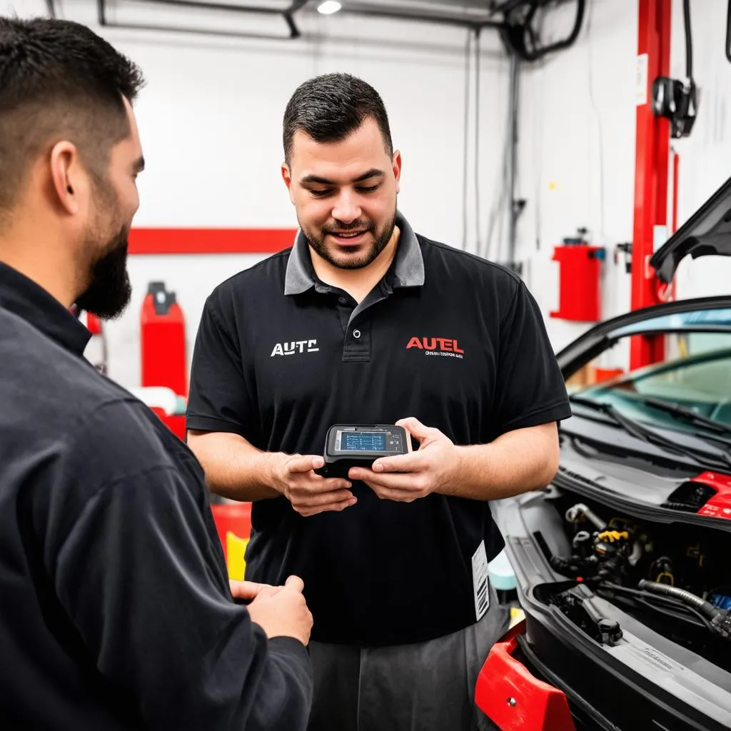 Mechanic using an Autel Smart Controller with a customer