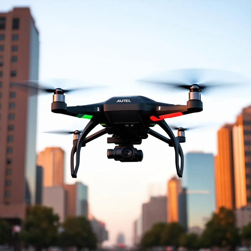 drone flying with a cityscape background