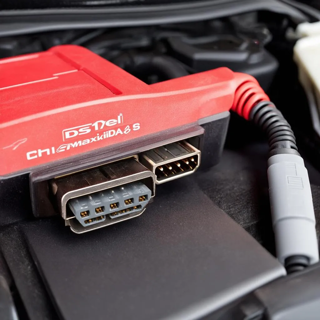 Autel DS708 connected to a Chrysler 6-pin connector using an adapter