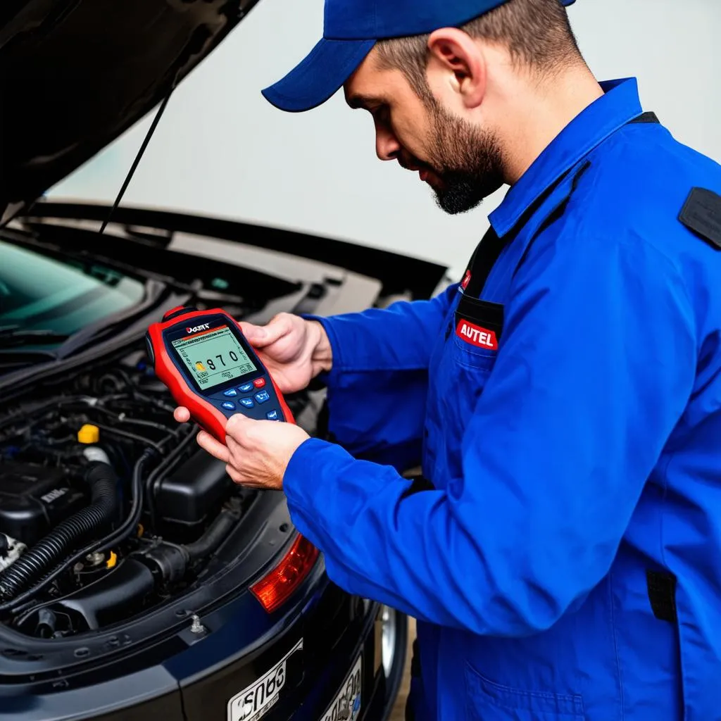 Mechanic using Autel DS708 scanner