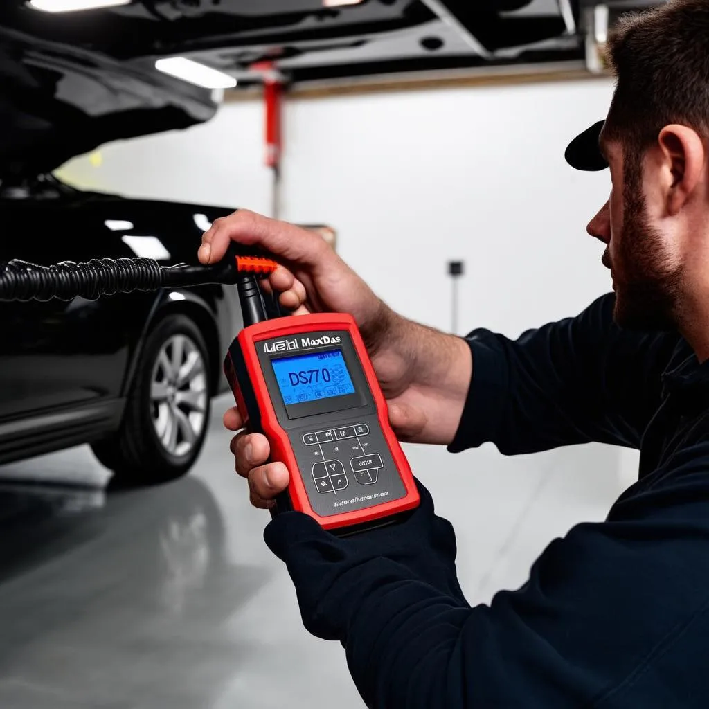 Autel DS708 in a mechanic's hand