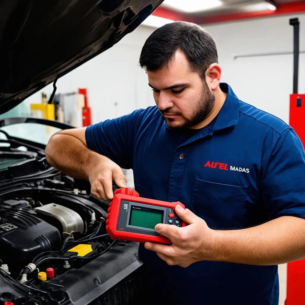 A mechanic using an Autel MaxiDAS DS708