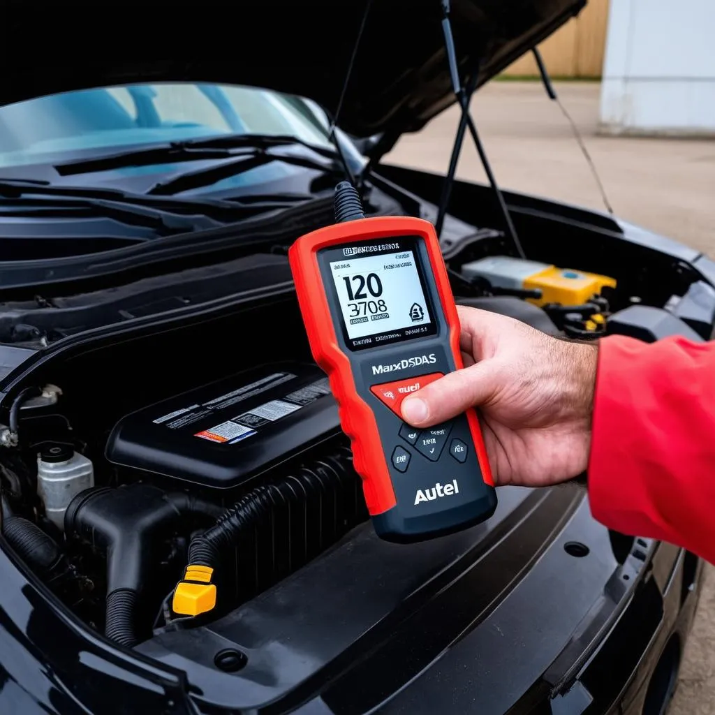 A mechanic using an Autel DS708