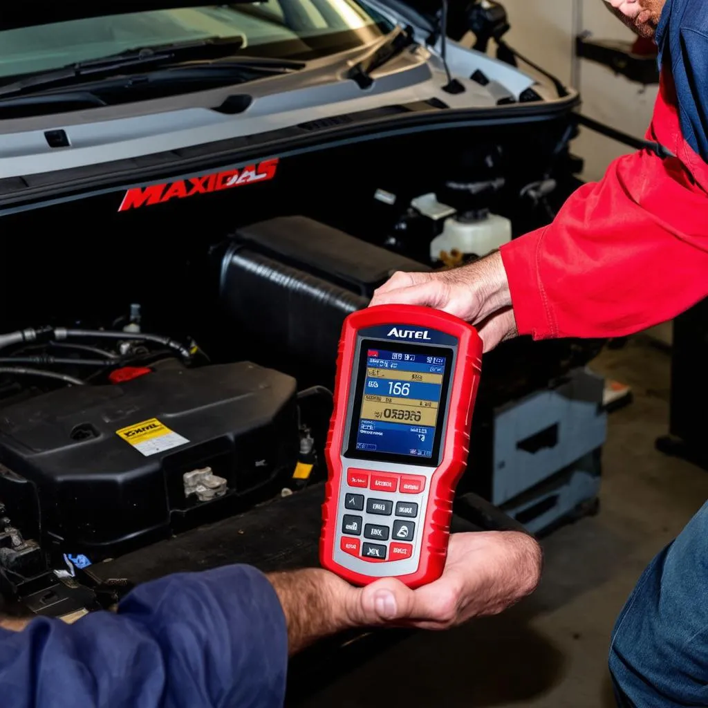 Mechanic using an Autel DS708 to diagnose a Chrysler