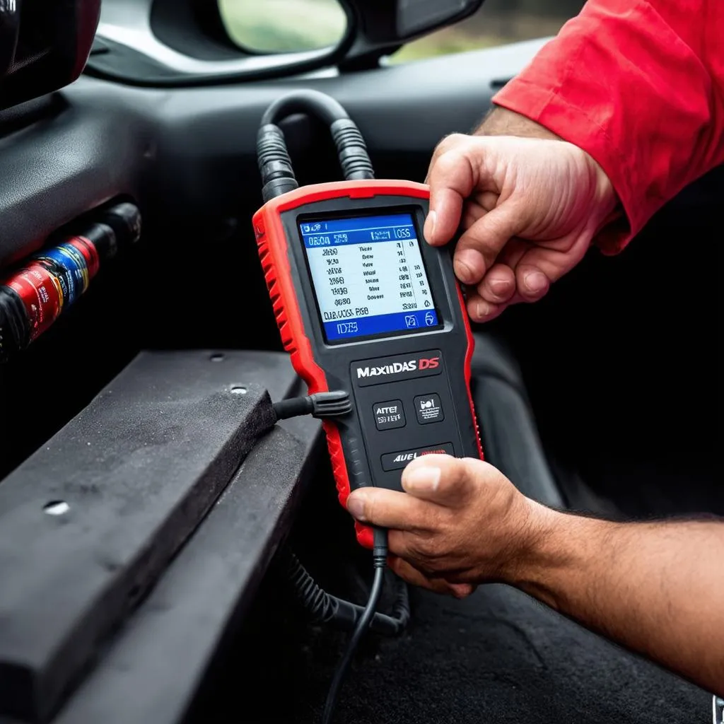 Mechanic using Autel DS708