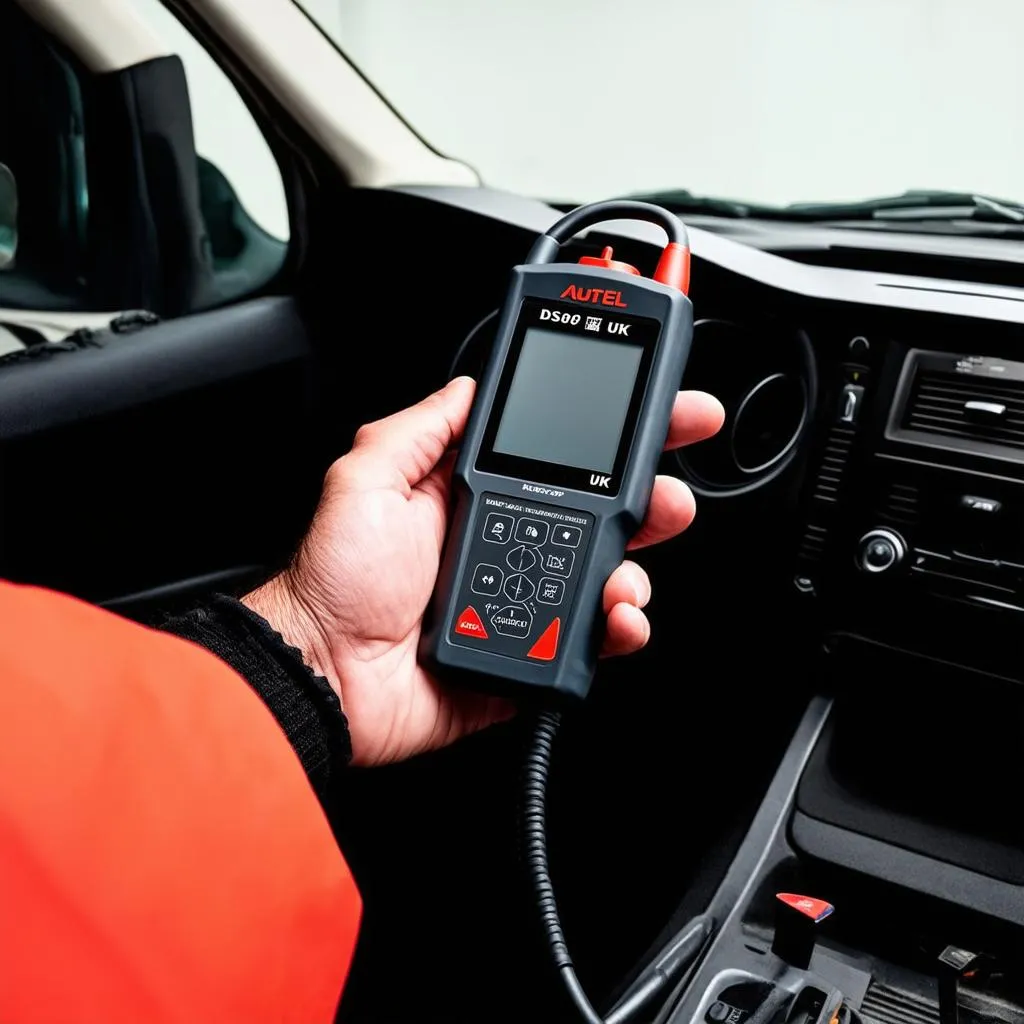 Mechanic holding an Autel DS808 UK diagnostic tool