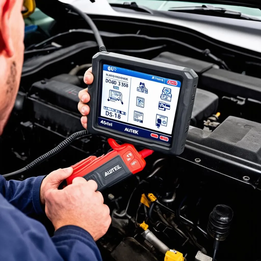 Autel DS808K being used to diagnose a car's engine problem