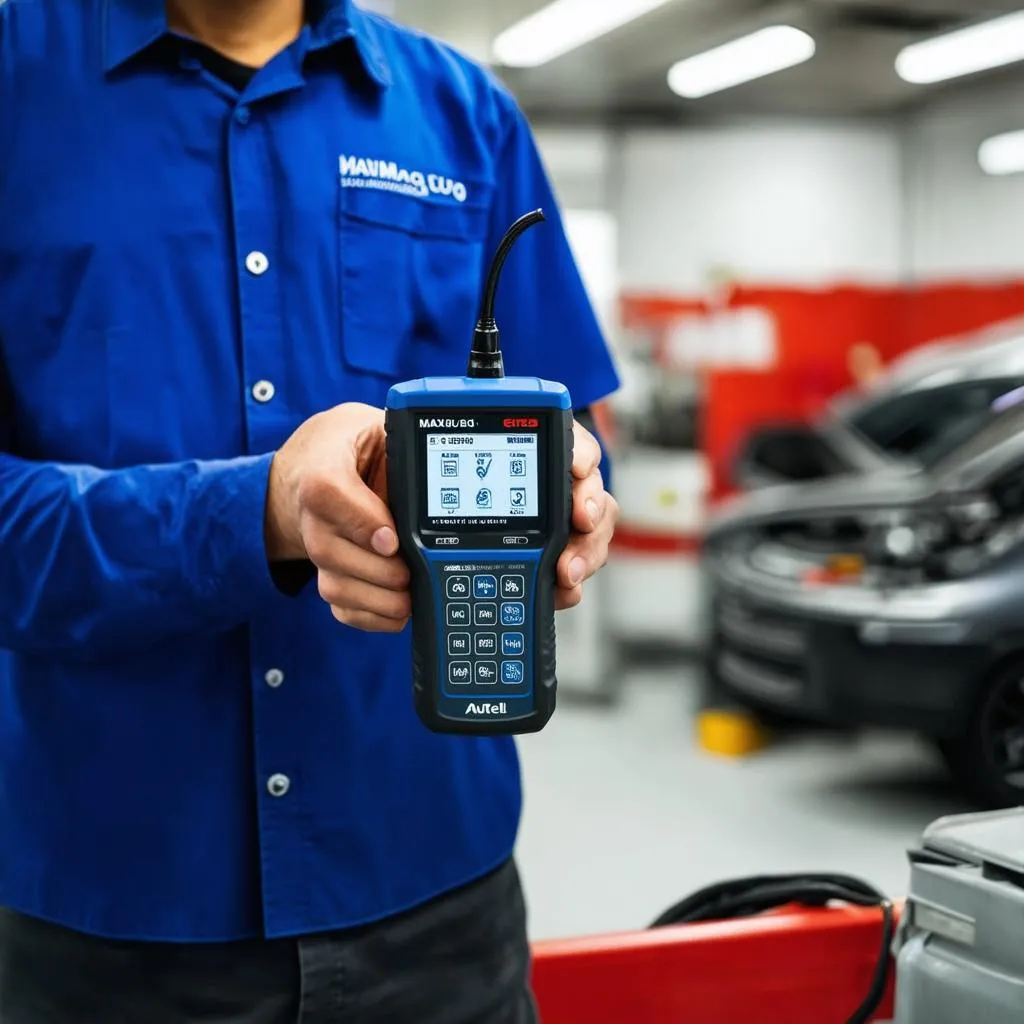 Autel MaxiDiag EU702 held by a mechanic