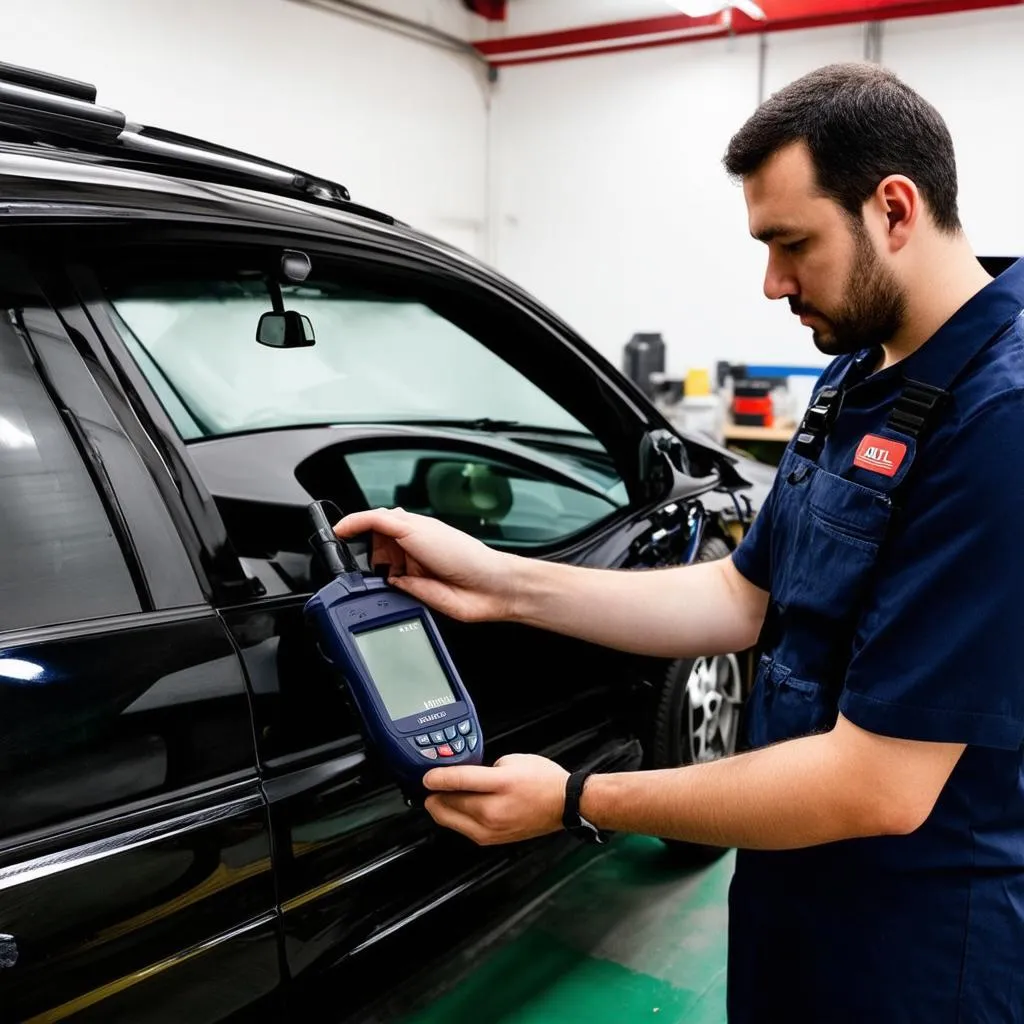 Mechanic using Autel EU702 to scan a car