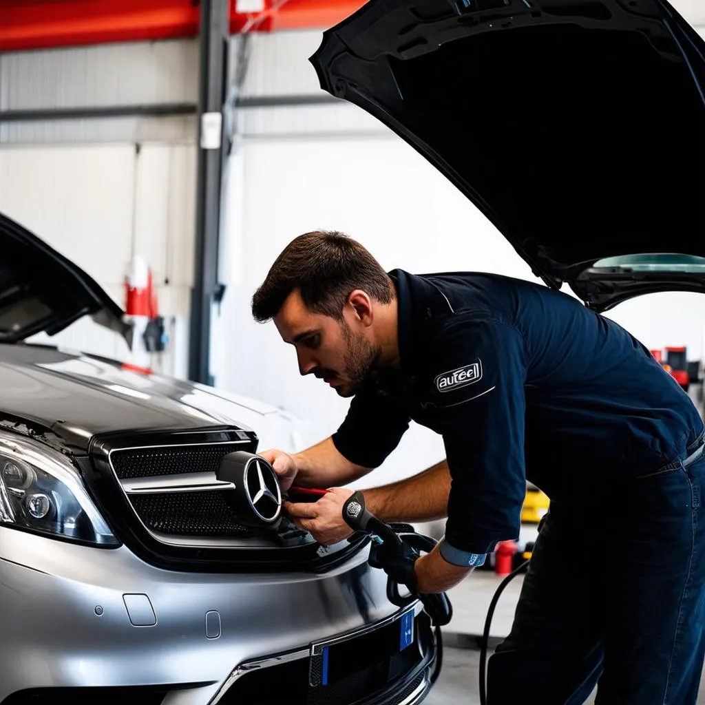 Mechanic using Autel EU908 on a car