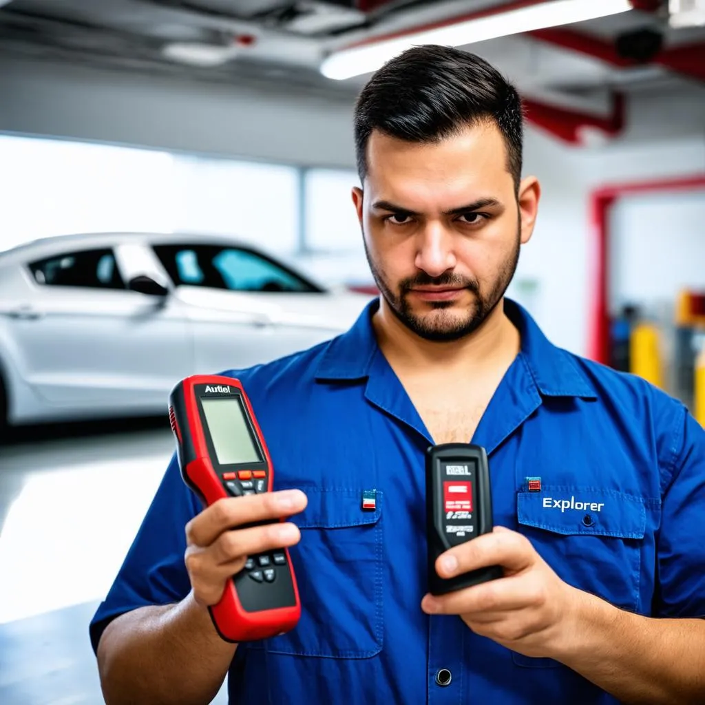 Mechanic holding the Autel Explorer V2