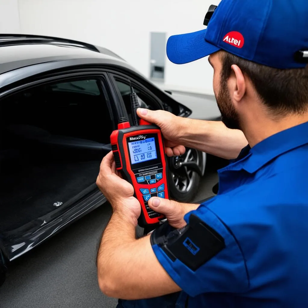 Autel HD scan tool being used to diagnose a car