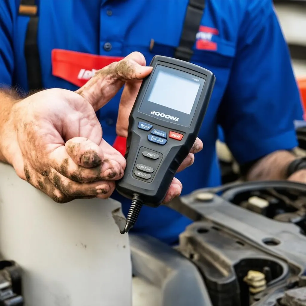 Close-up of a mechanic's hand holding the Autel ia900wa diagnostic tool