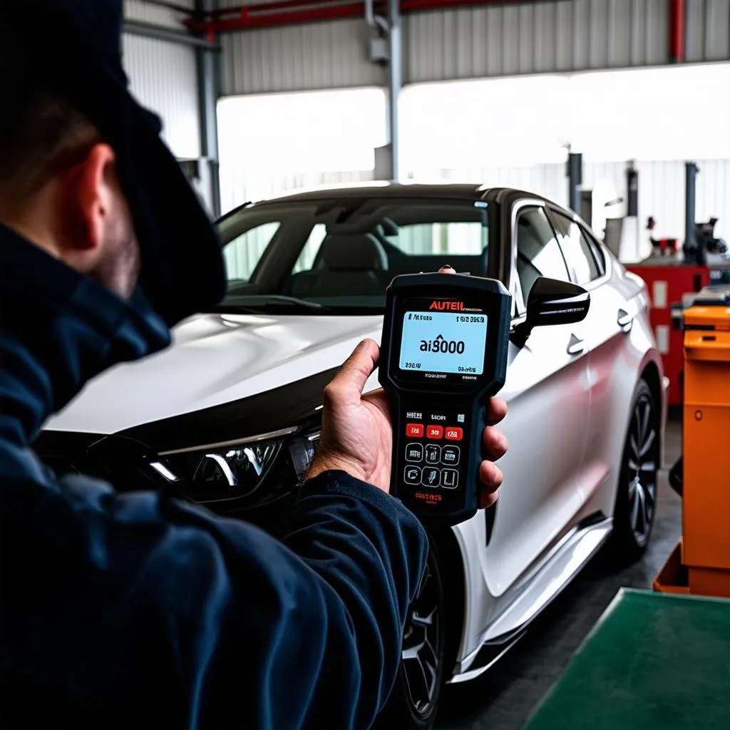 Mechanic using Autel ia900wa to scan a European car in a professional workshop