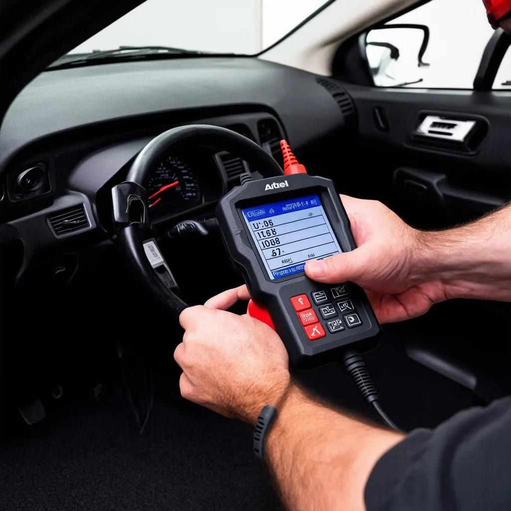 Autel IM608 diagnostic tool plugged into a car's OBD-II port, displaying diagnostic data on its screen.