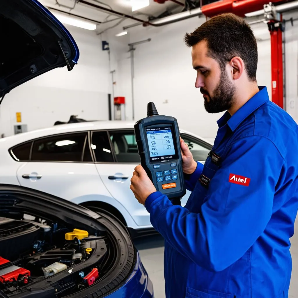 Mechanic using Autel IM608 Pro to diagnose a car