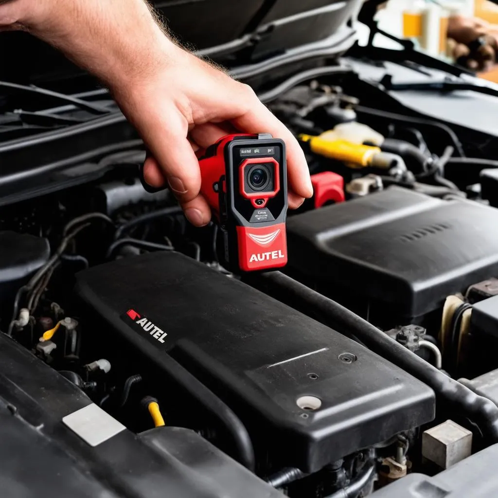 Inspecting a car engine with an Autel inspection camera