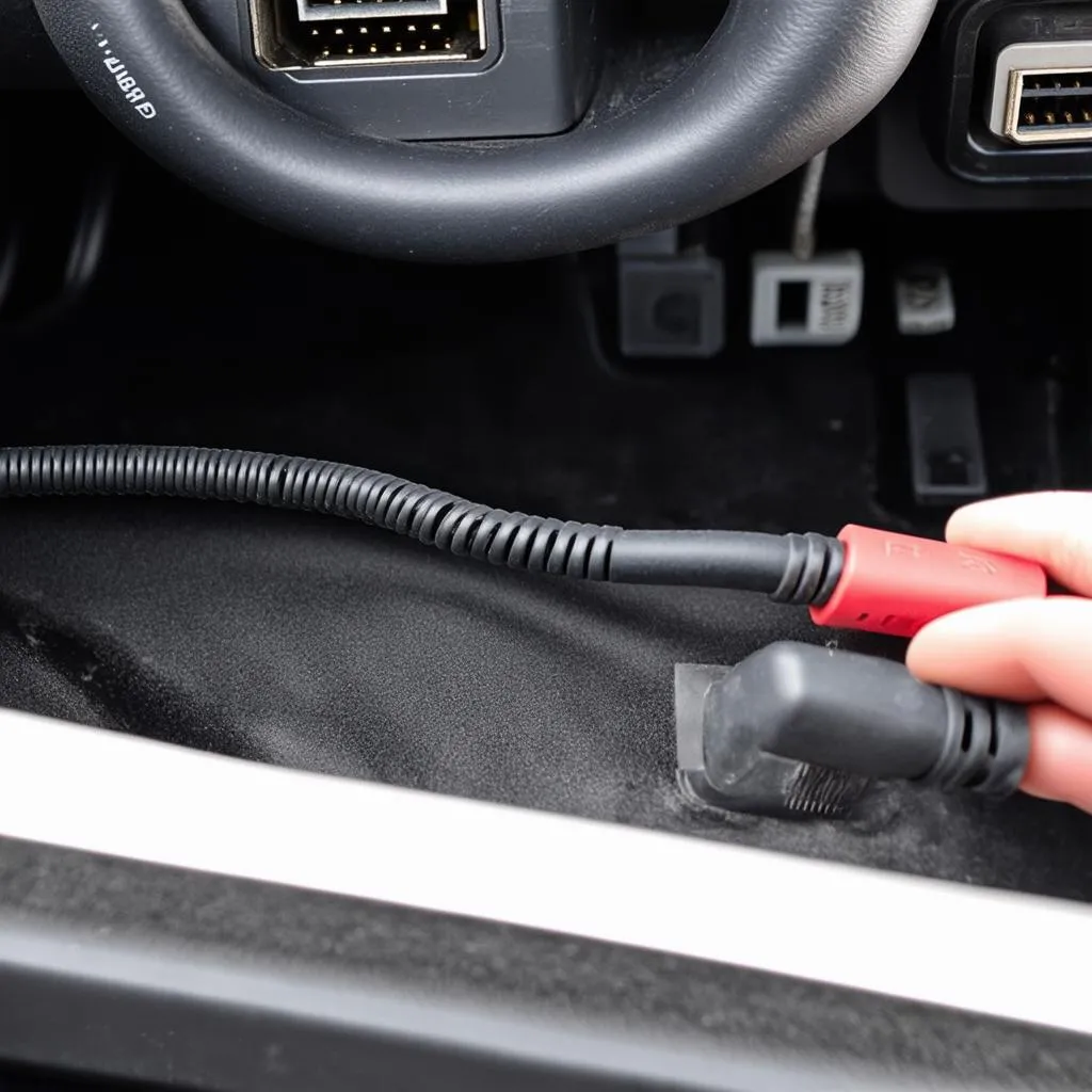 Autel KM100 bypass cable connected to a car's OBD-II port