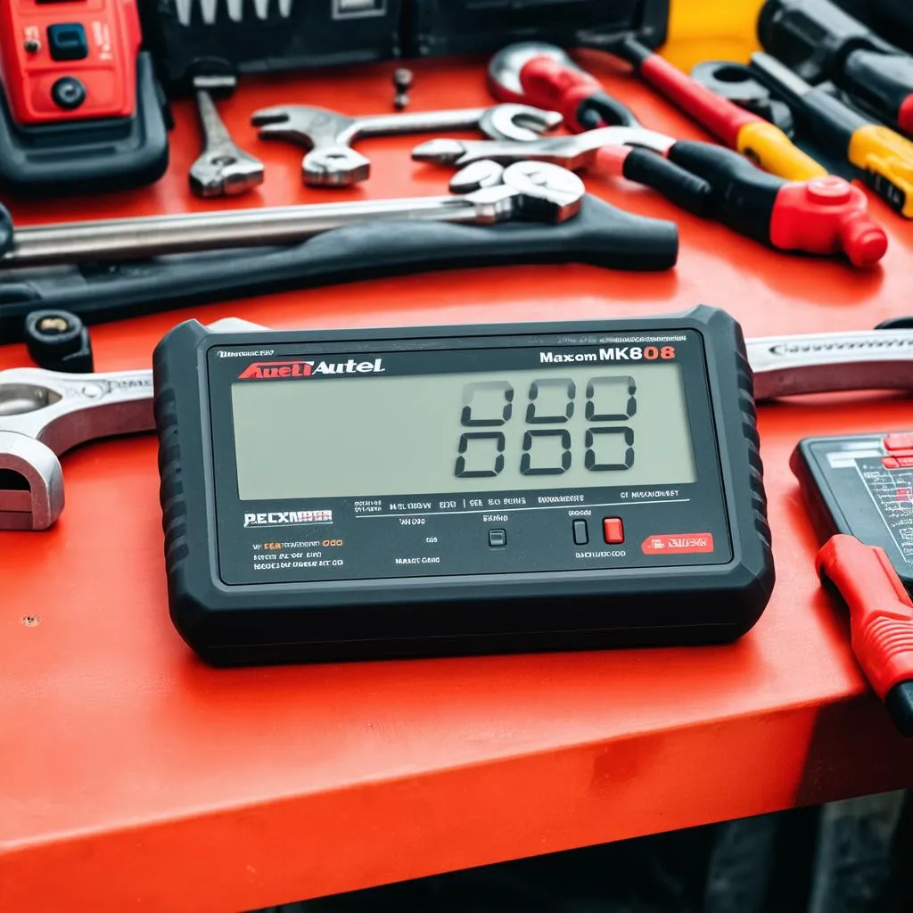 Autel MaxiCOM MK808 displayed on a workbench with other car repair tools around it