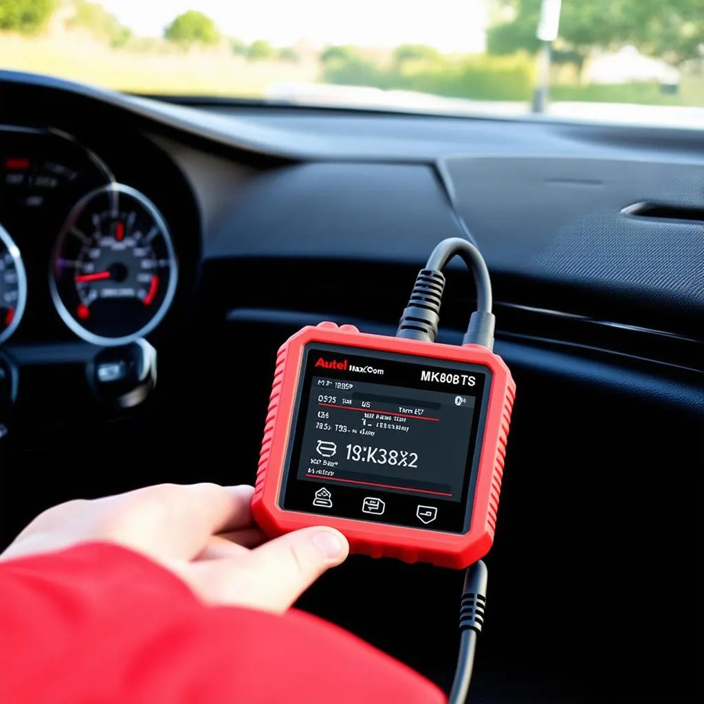 Autel MaxiCOM MK808TS connected to a car's OBD-II port