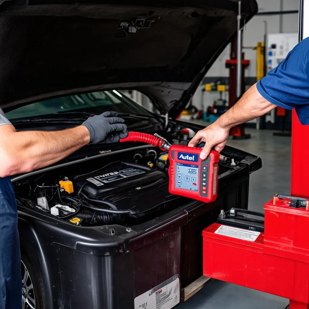 Autel MaxiDAS performing a battery test on a car