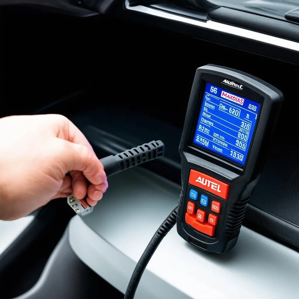 The dashboard of a car with Autel MaxiDAS plugged in