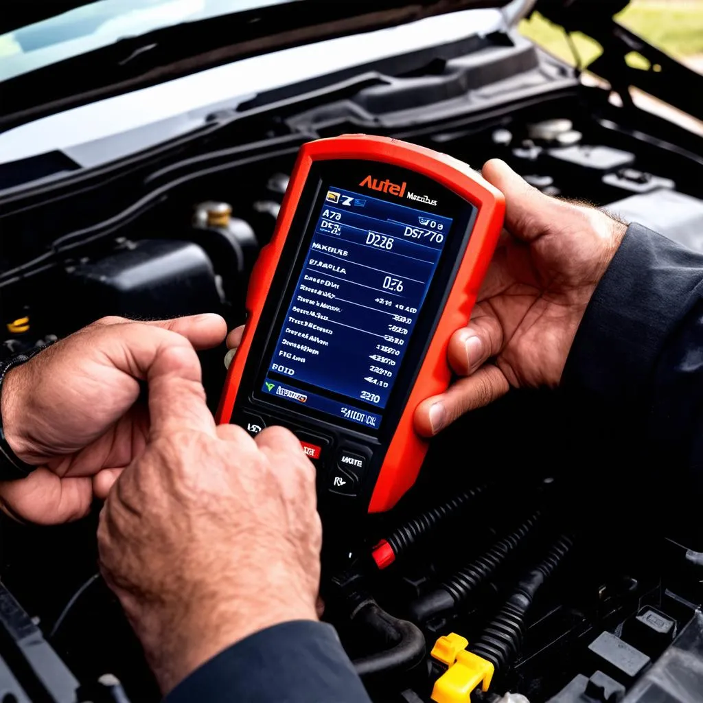 Mechanic using Autel MaxiDAS DS708