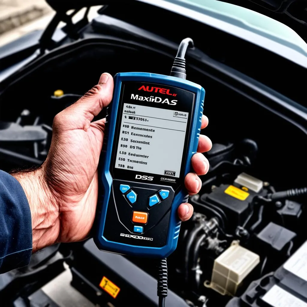 Autel MaxiDAS DS708 in a mechanic's hand