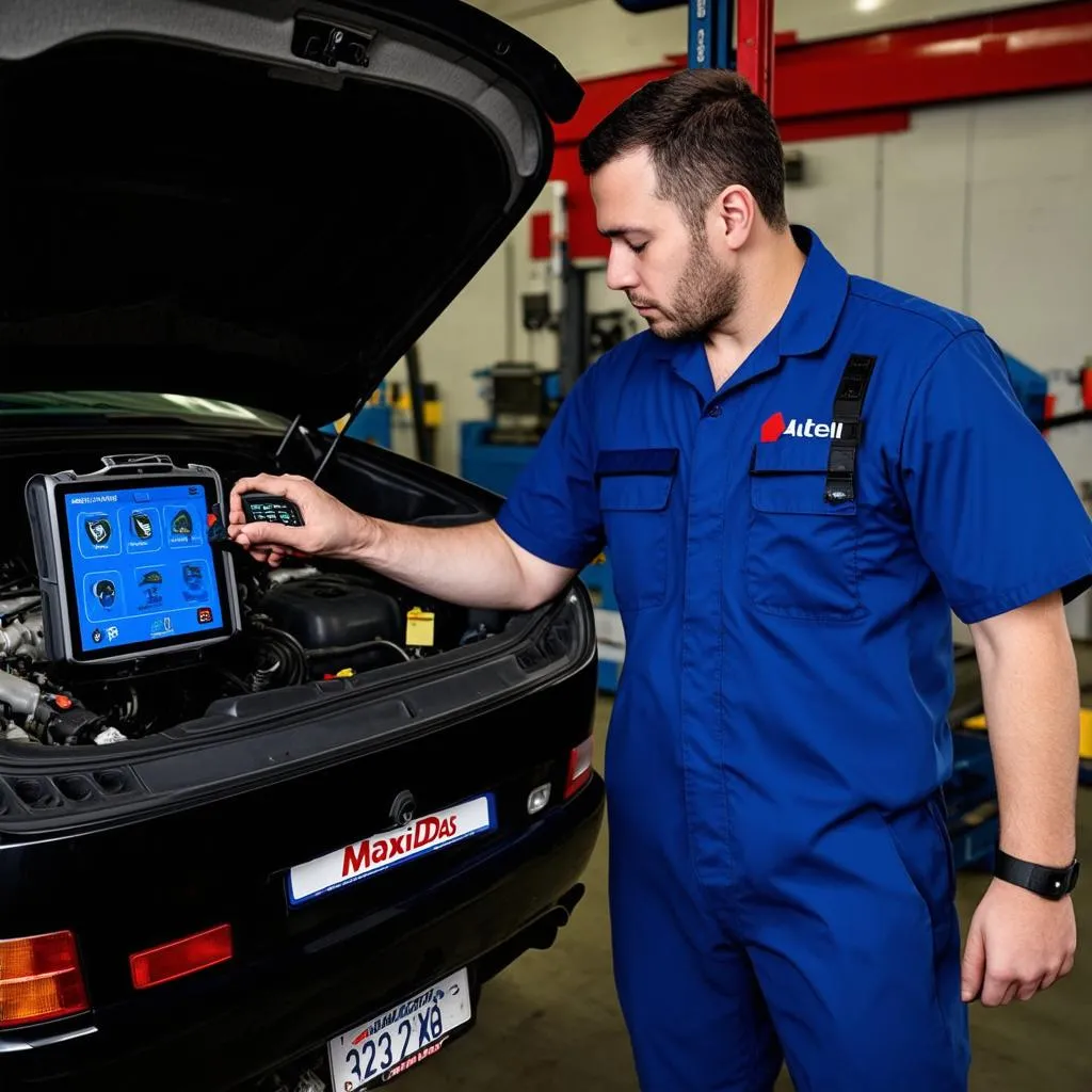 Mechanic using Autel MaxiDAS to diagnose a car engine problem