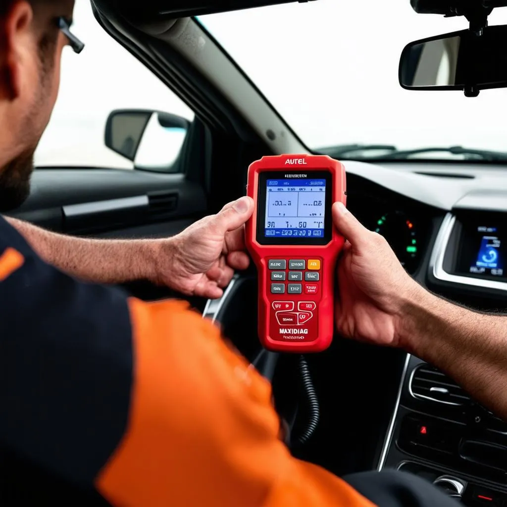 Mechanic Using Autel MaxiDiag MD805 for Car Diagnostics