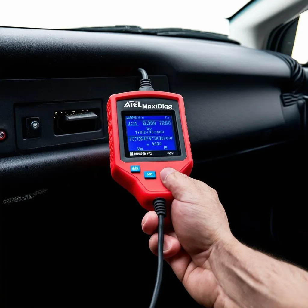 Autel MaxiDiag MD808 plugged into a car's OBD-II port