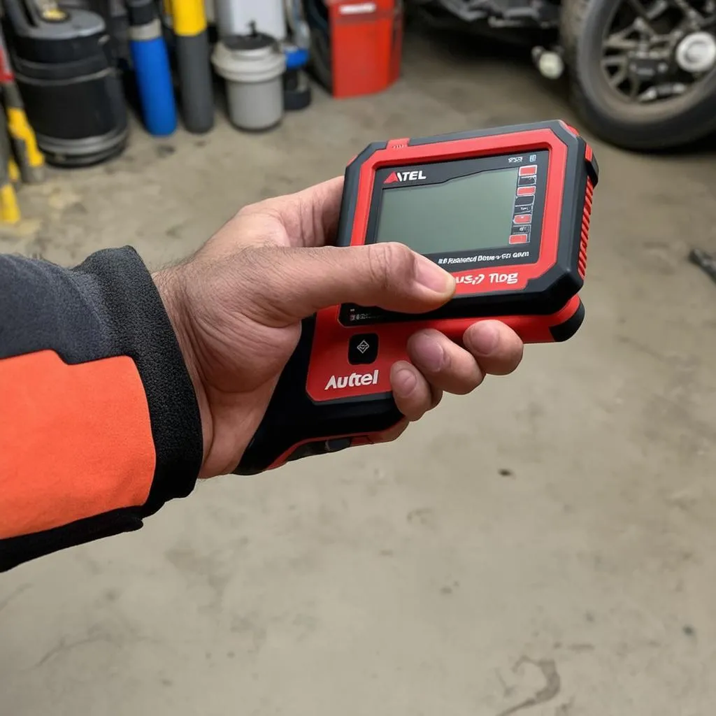 Autel MaxiDiag US703 held by a mechanic's hand