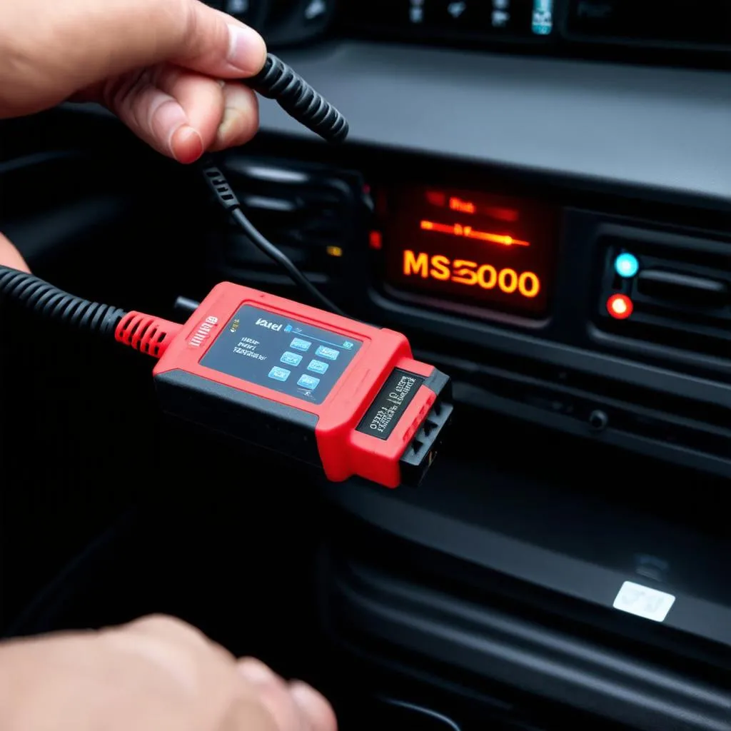 Autel MaxiScan MS300 OBD2 Scanner plugged into a car's OBD2 port