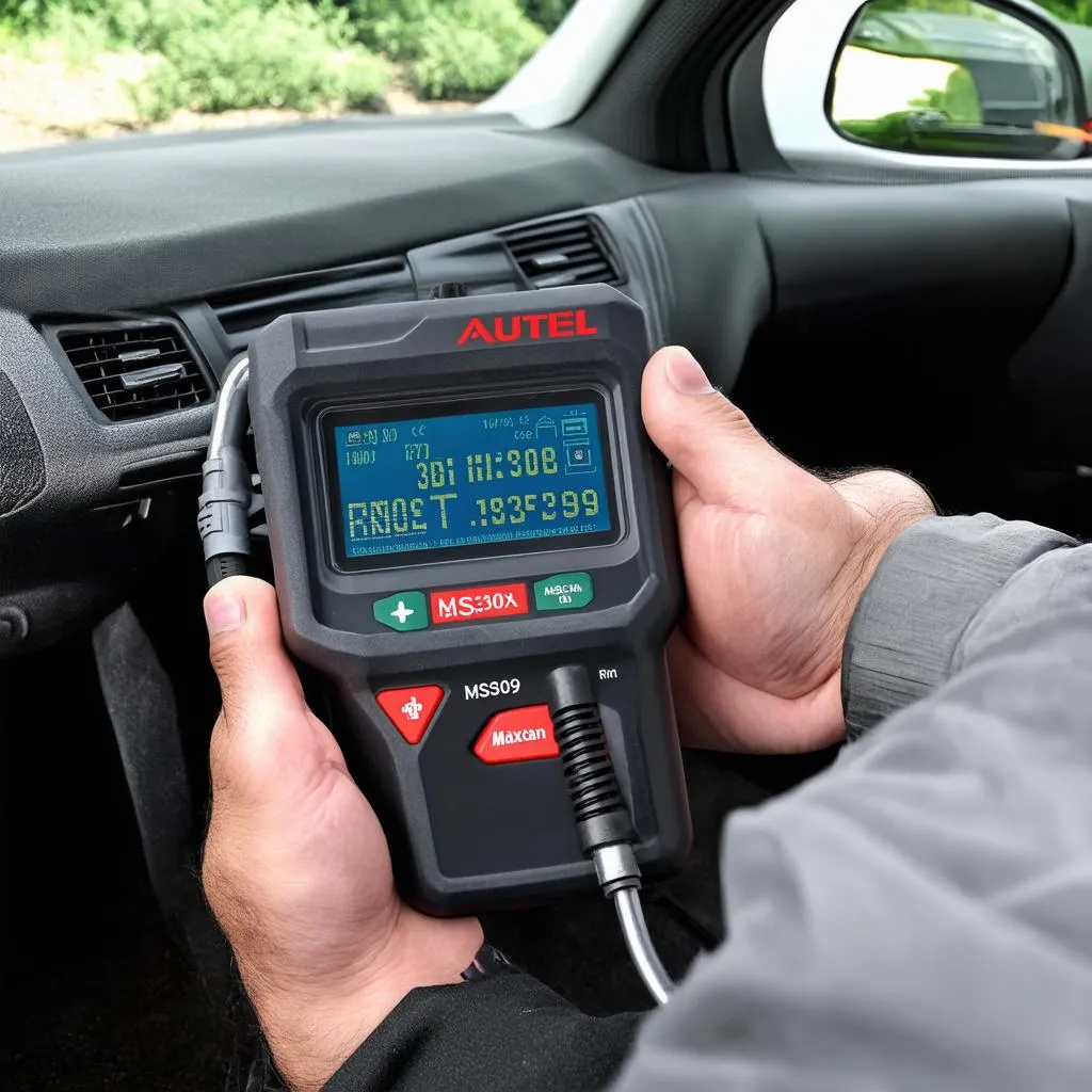 Autel MaxiScan MS309 plugged into a car's OBD-II port