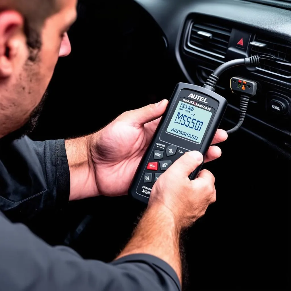 Mechanic holding the Autel MaxiScan MS509 and plugging it into a car's OBD2 port