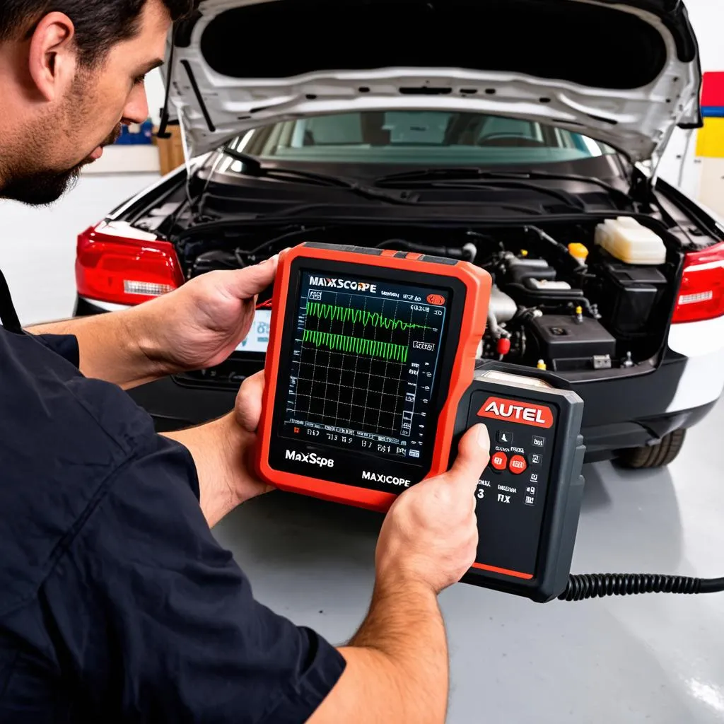 Autel MaxiScope MP408 being used to diagnose a European car