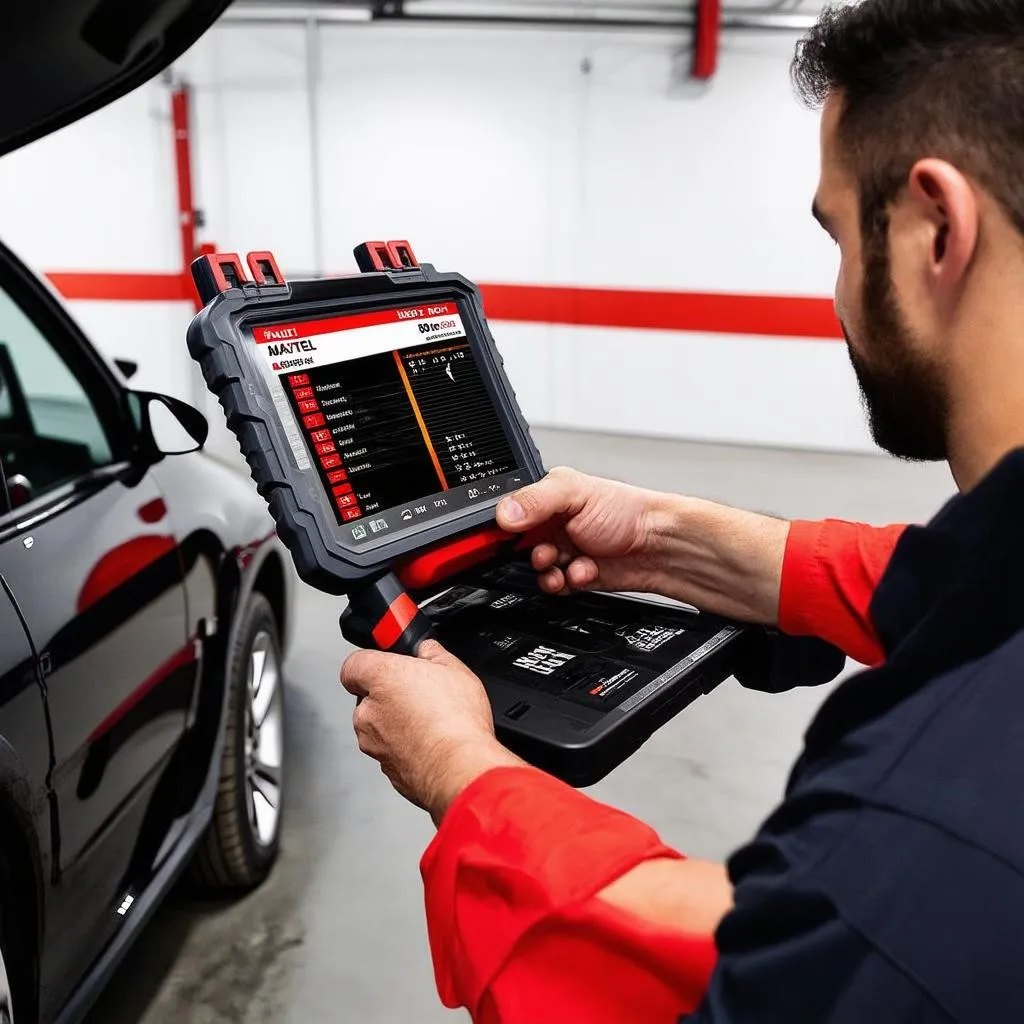 Autel MaxiSys 908s Pro in the hands of a mechanic