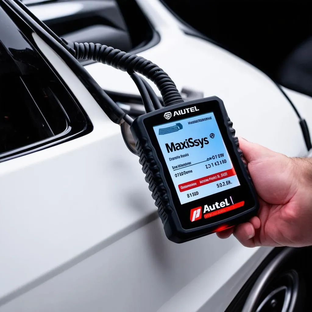 Autel MaxiSys device connected to car's OBD-II port