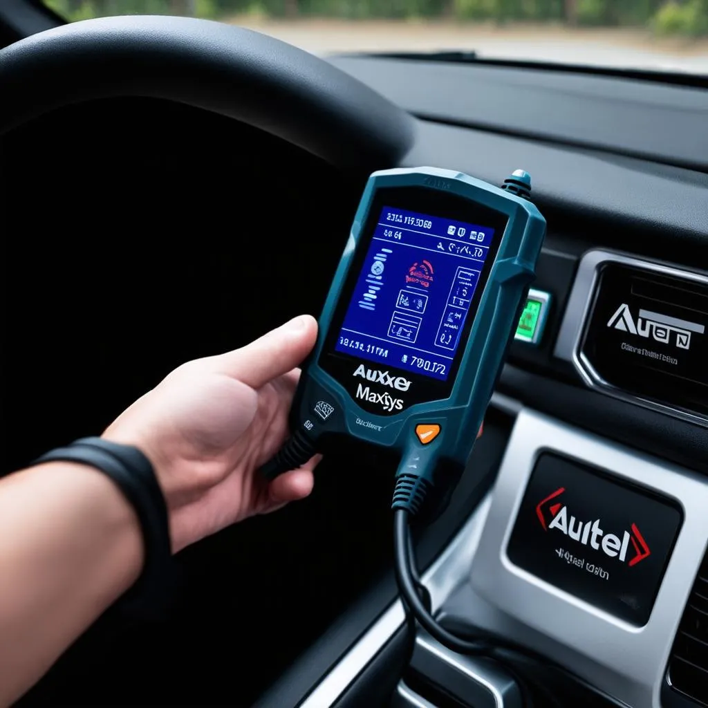 Autel MaxiSys diagnostic tool connected to a car's OBD-II port