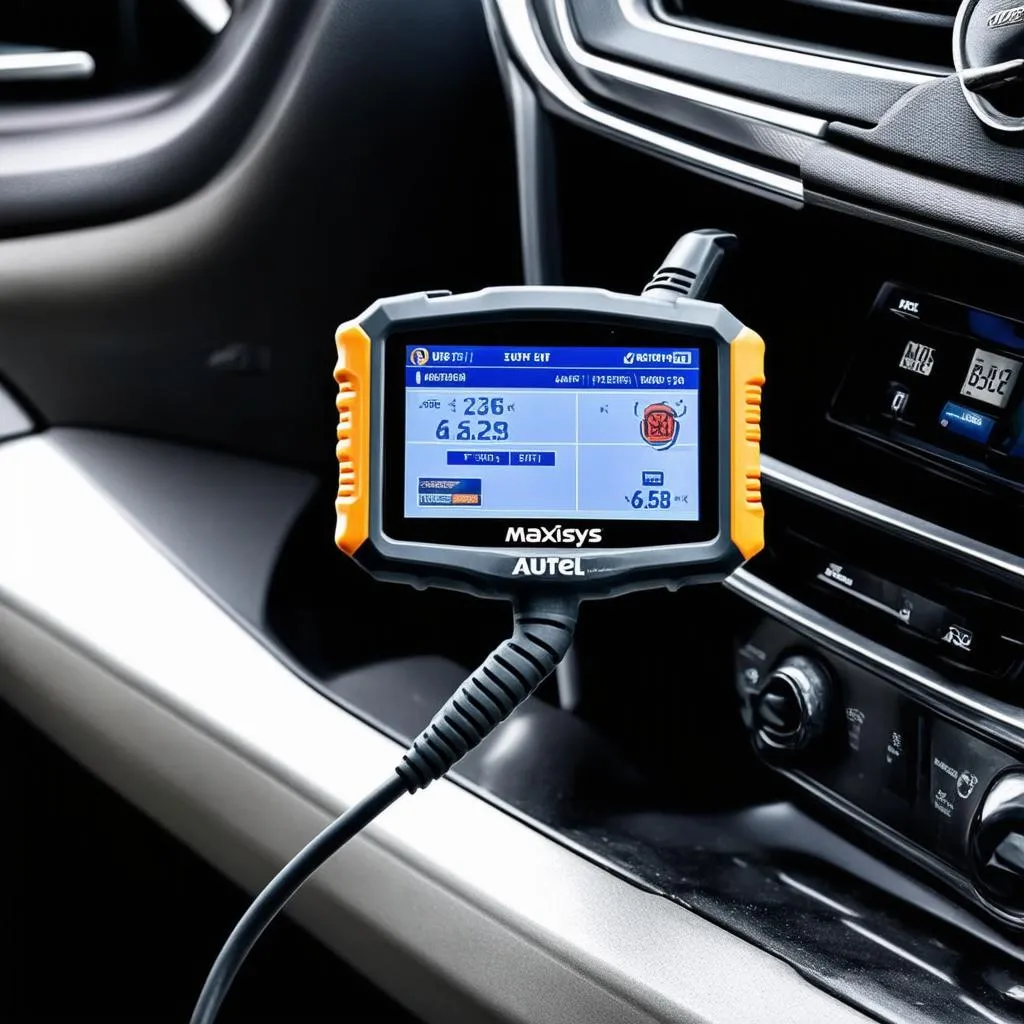 autel maxisys diagnostic tool connected to car