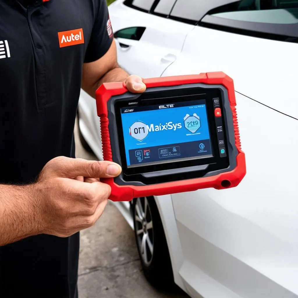 Mechanic Holding Autel MaxiSys Elite 2019