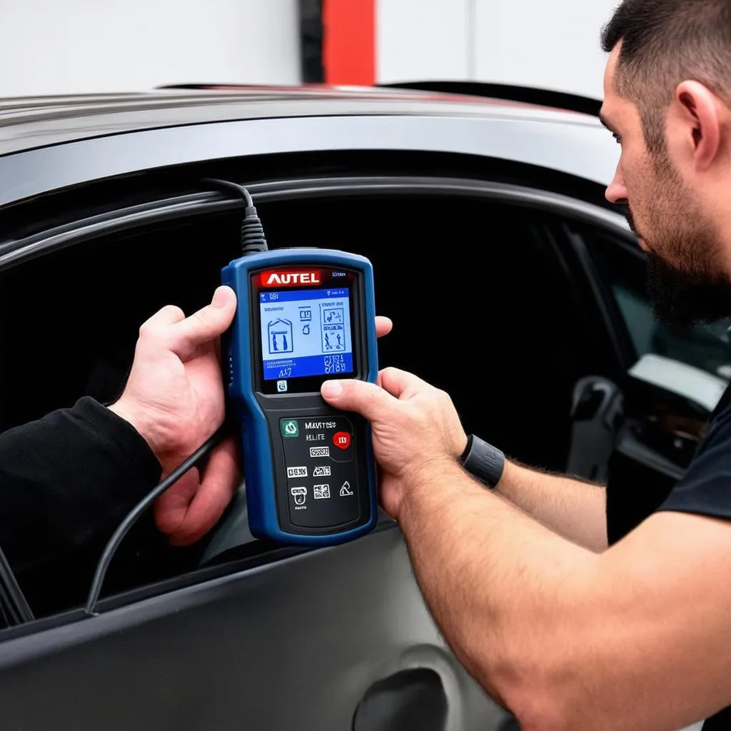 Mechanic using Autel MaxiSys Elite to diagnose car problem