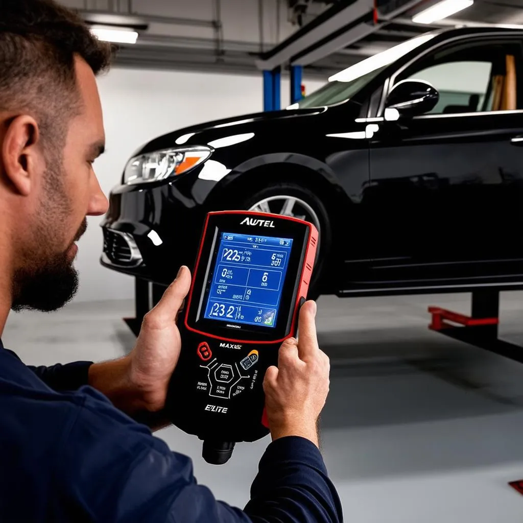 Autel MaxiSys Elite being used to diagnose a car