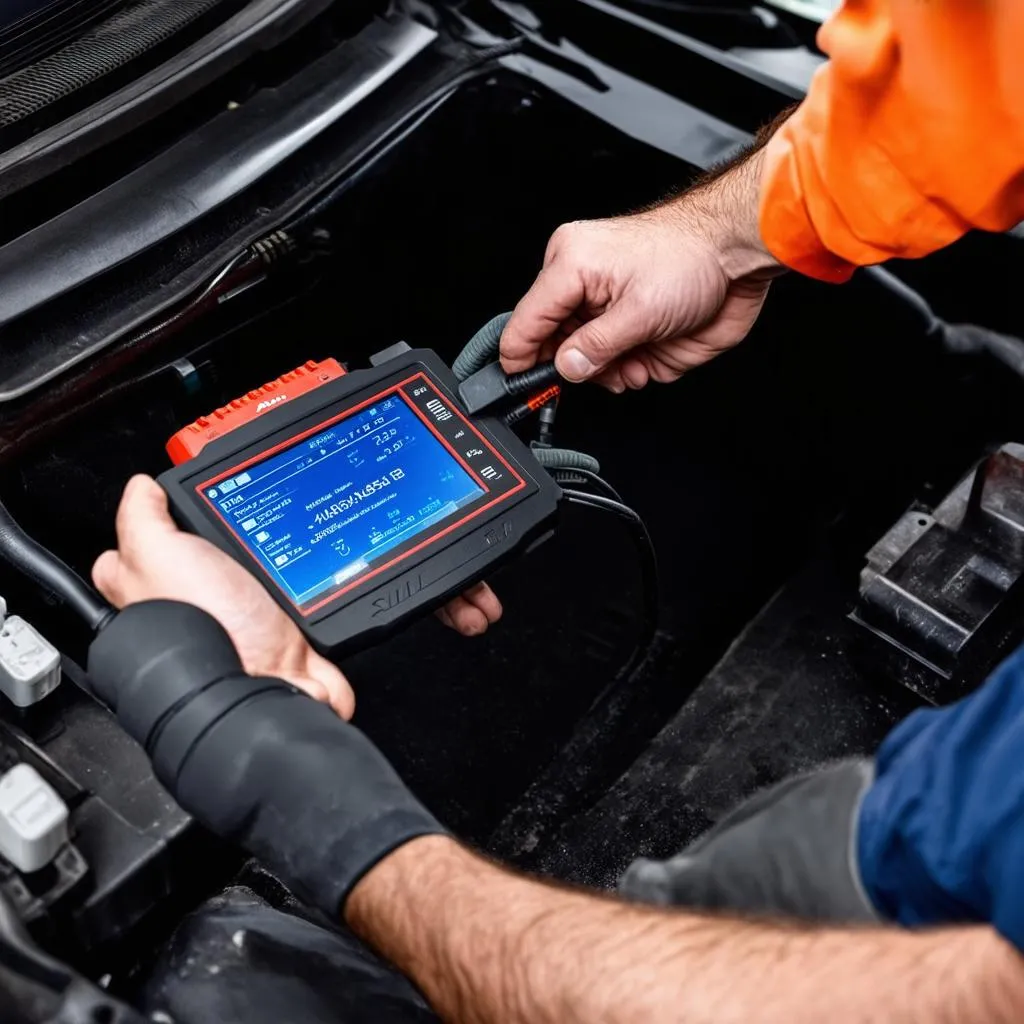 A mechanic using the Autel MaxiSys Elite for PCM programming