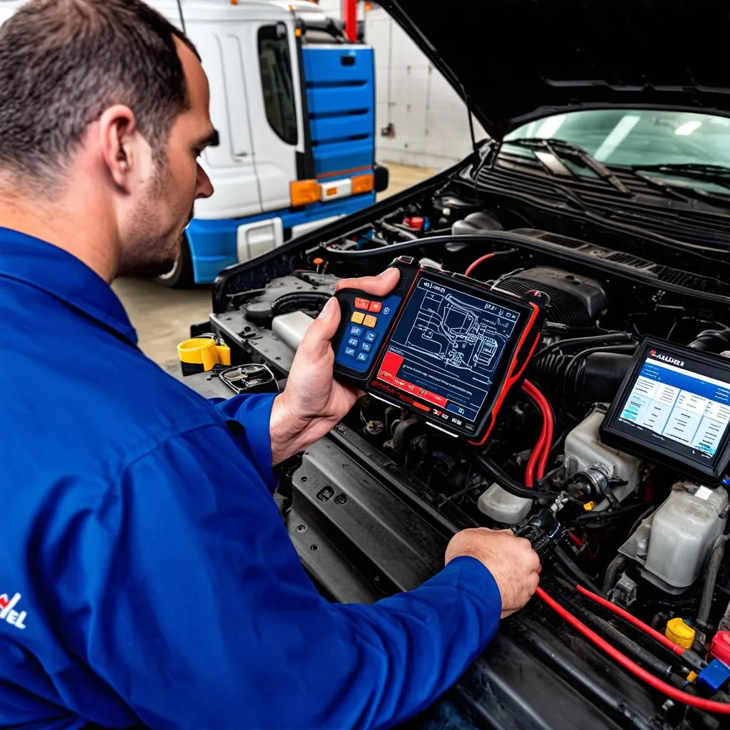 Mechanic using Autel MaxiSys Heavy Duty to diagnose a truck engine problem